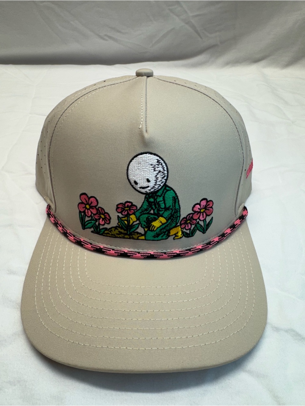 Shank it Beige golf Trucker Hat with Pink Flower Embroidery